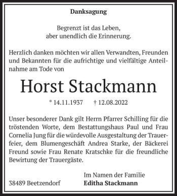Traueranzeige von Horst Stackmann  von Magdeburger Volksstimme