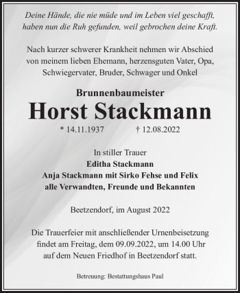 Traueranzeige von Horst Stackmann  von Magdeburger Volksstimme