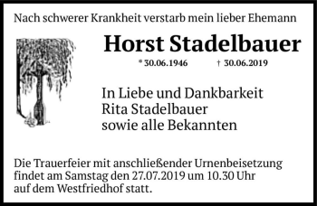 Traueranzeige von Horst Stadelbauer  von Magdeburger Volksstimme