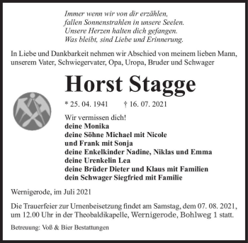 Traueranzeige von Horst Stagge  von Magdeburger Volksstimme