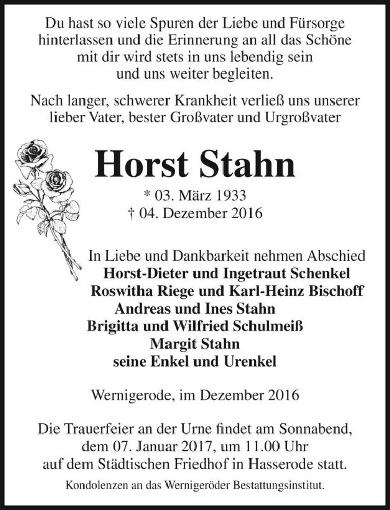  Traueranzeige für Horst Stahn  vom 09.12.2016 aus Magdeburger Volksstimme