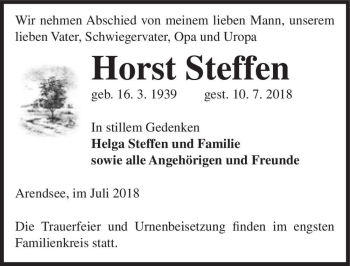 Traueranzeige von Horst Steffen  von Magdeburger Volksstimme