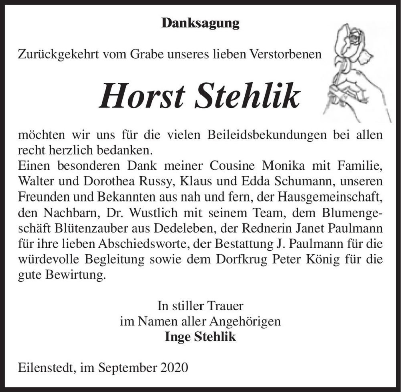  Traueranzeige für Horst Stehlik  vom 12.09.2020 aus Magdeburger Volksstimme