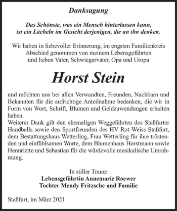 Traueranzeige von Horst Stein  von Magdeburger Volksstimme