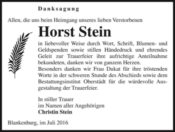 Traueranzeige von Horst Stein  von Magdeburger Volksstimme