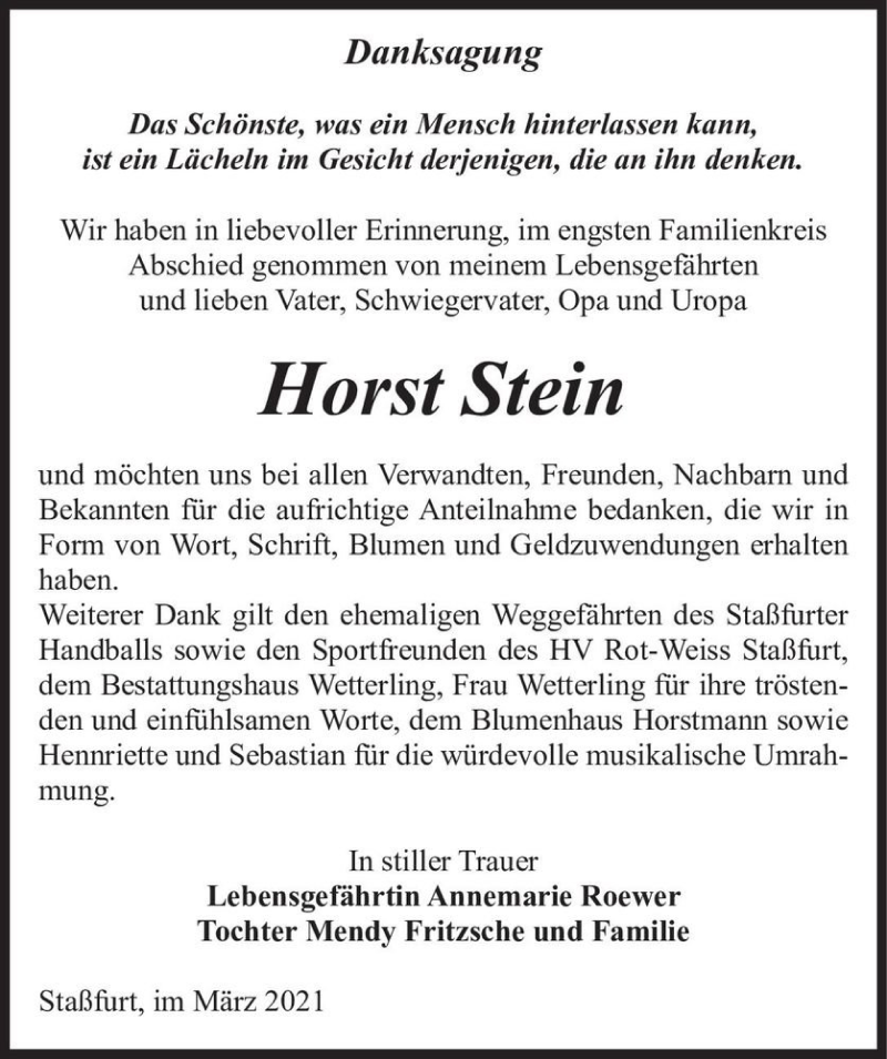  Traueranzeige für Horst Stein  vom 06.03.2021 aus Magdeburger Volksstimme
