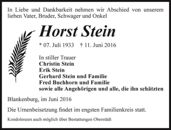 Traueranzeige von Horst Stein  von Magdeburger Volksstimme