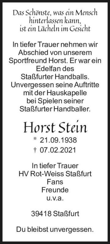 Traueranzeige von Horst Stein  von Magdeburger Volksstimme