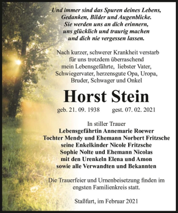 Traueranzeige von Horst Stein  von Magdeburger Volksstimme