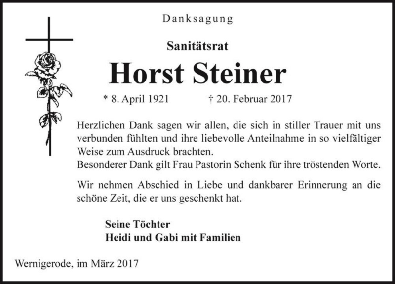  Traueranzeige für Horst Steiner  vom 18.03.2017 aus Magdeburger Volksstimme