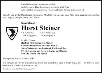 Traueranzeige von Horst Steiner  von Magdeburger Volksstimme