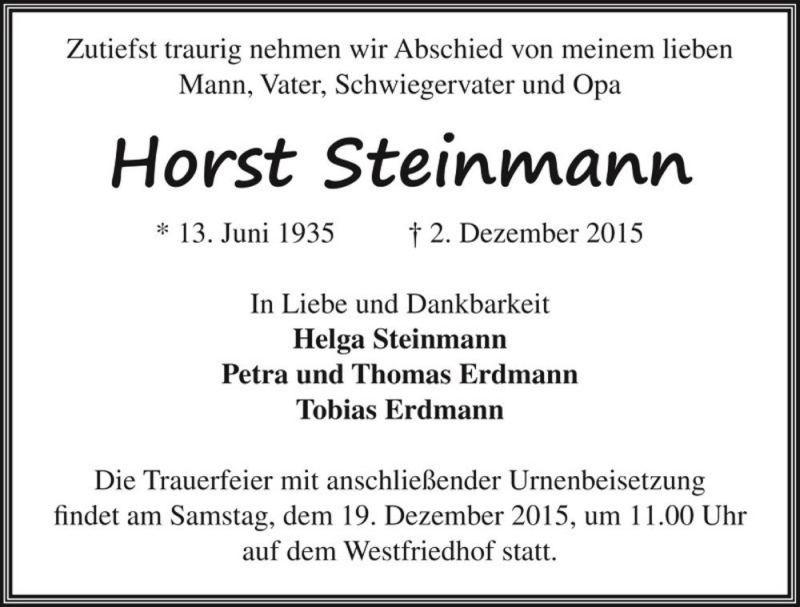  Traueranzeige für Horst Steinmann  vom 12.12.2015 aus Magdeburger Volksstimme