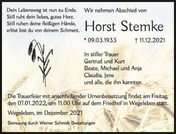 Traueranzeige von Horst Stemke  von Magdeburger Volksstimme