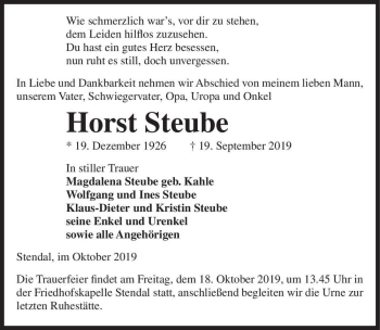 Traueranzeige von Horst Steube  von Magdeburger Volksstimme