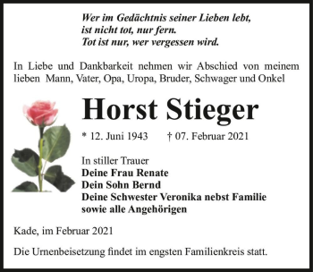 Traueranzeige von Horst Stieger  von Magdeburger Volksstimme