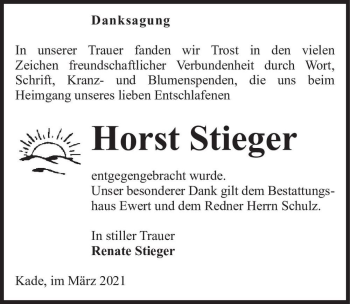 Traueranzeige von Horst Stieger  von Magdeburger Volksstimme