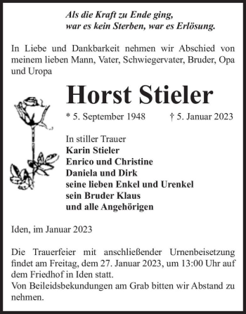 Traueranzeige von Horst Stieler  von Magdeburger Volksstimme