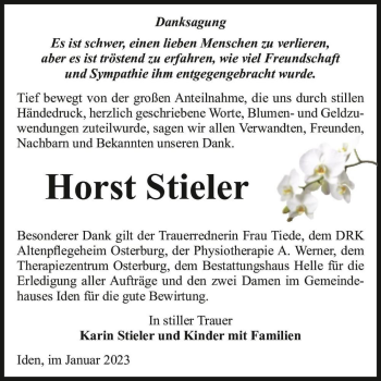 Traueranzeige von Horst Stieler  von Magdeburger Volksstimme