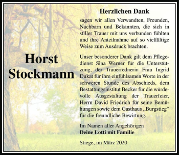 Traueranzeige von Horst Stockmann  von Magdeburger Volksstimme