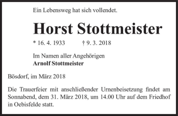 Traueranzeige von Horst Stottmeister  von Magdeburger Volksstimme