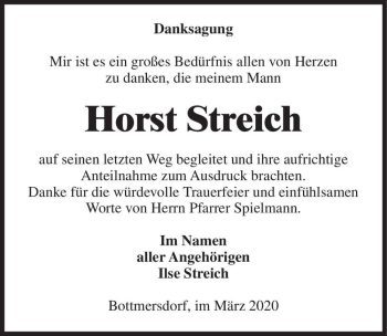 Traueranzeige von Horst Streich  von Magdeburger Volksstimme