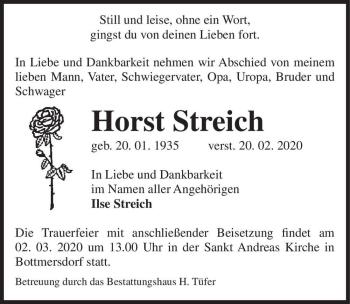 Traueranzeige von Horst Streich  von Magdeburger Volksstimme