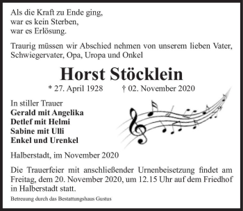 Traueranzeige von Horst Stöcklein  von Magdeburger Volksstimme