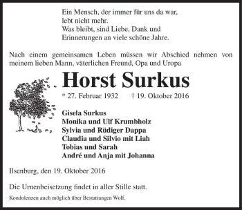 Traueranzeige von Horst Surkus  von Magdeburger Volksstimme