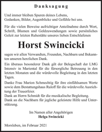 Traueranzeige von Horst Swincicki  von Magdeburger Volksstimme