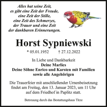 Traueranzeige von Horst Sypniewski  von Magdeburger Volksstimme
