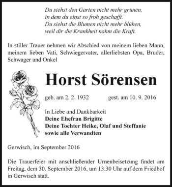 Traueranzeige von Horst Sörensen  von Magdeburger Volksstimme