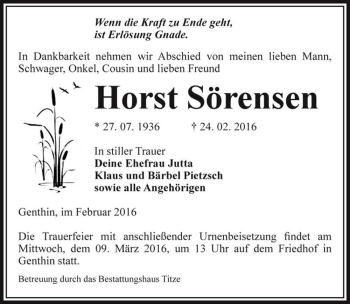 Traueranzeige von Horst Sörensen  von Magdeburger Volksstimme
