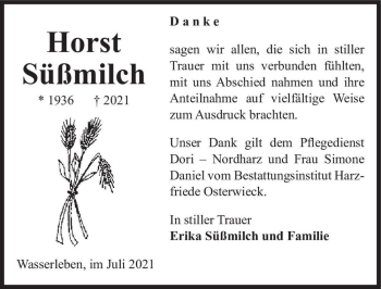 Traueranzeige von Horst Süßmilch  von Magdeburger Volksstimme