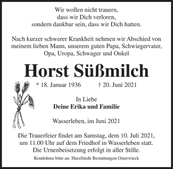 Traueranzeige von Horst Süßmilch  von Magdeburger Volksstimme
