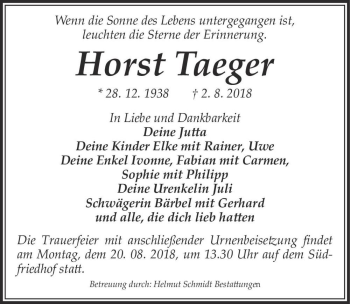Traueranzeige von Horst Taeger  von Magdeburger Volksstimme