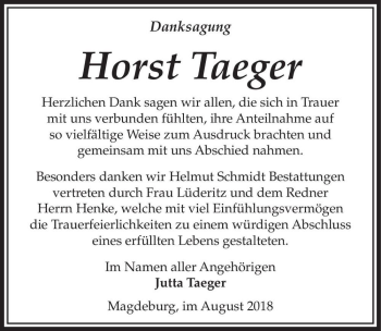 Traueranzeige von Horst Taeger  von Magdeburger Volksstimme