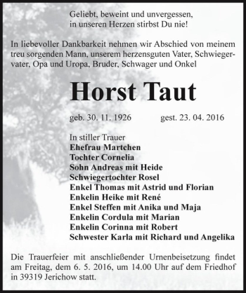 Traueranzeige von Horst Taut  von Magdeburger Volksstimme