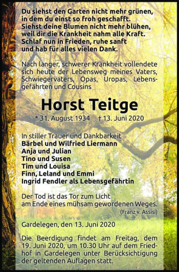 Traueranzeige von Horst Teitge  von Magdeburger Volksstimme