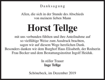 Traueranzeige von Horst Tellge  von Magdeburger Volksstimme