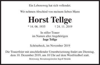 Traueranzeige von Horst Tellge  von Magdeburger Volksstimme