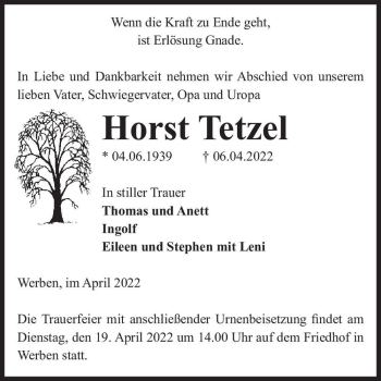 Traueranzeige von Horst Tetzel  von Magdeburger Volksstimme