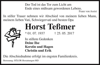 Traueranzeige von Horst Teßmer  von Magdeburger Volksstimme