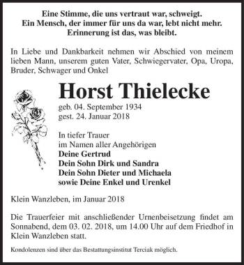 Traueranzeige von Horst Thielecke  von Magdeburger Volksstimme