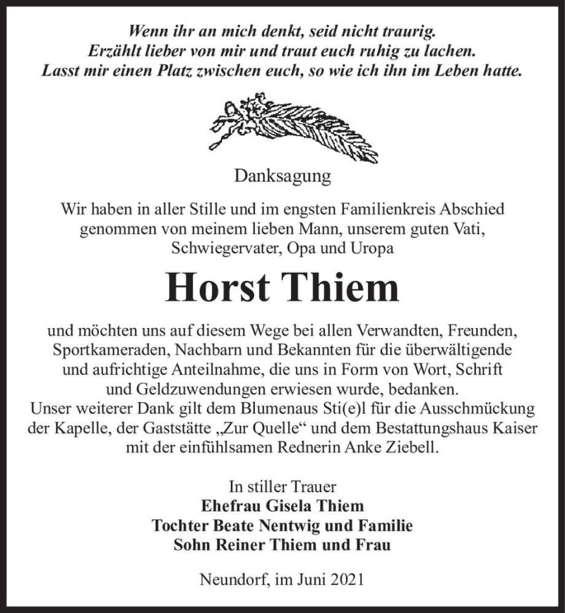  Traueranzeige für Horst Thiem  vom 19.06.2021 aus Magdeburger Volksstimme