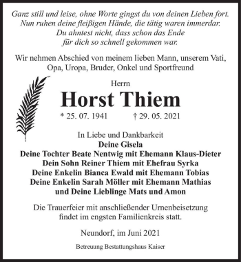 Traueranzeige von Horst Thiem  von Magdeburger Volksstimme