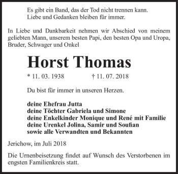 Traueranzeige von Horst Thomas  von Magdeburger Volksstimme