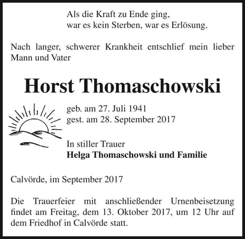  Traueranzeige für Horst Thomaschowski  vom 02.10.2017 aus Magdeburger Volksstimme