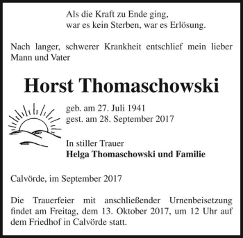 Traueranzeige von Horst Thomaschowski  von Magdeburger Volksstimme