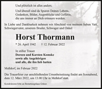 Traueranzeige von Horst Thormann  von Magdeburger Volksstimme