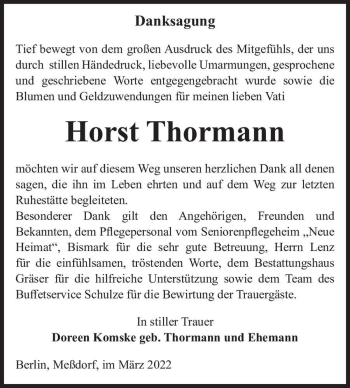 Traueranzeige von Horst Thormann  von Magdeburger Volksstimme